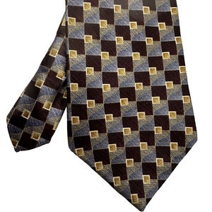 Van Heusen Neck Tie 100% Silk Maroon/Blue/Grey/Gold Geometric Check